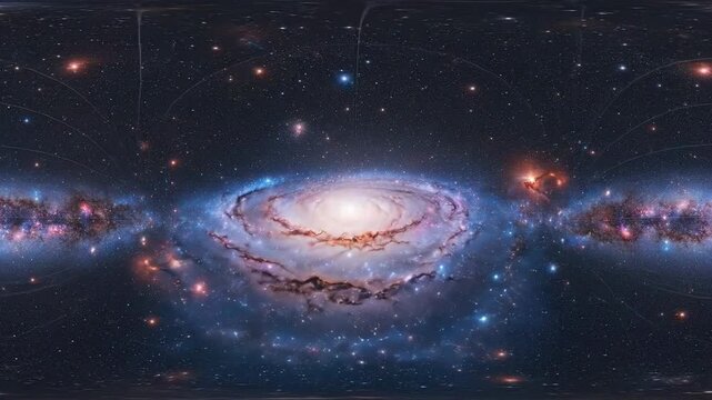Panoramic view of a spiral with bright stars and cosmic dust.