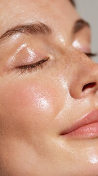 Woman with natural freckles on her face with closed eyes, highlighting clean, fresh, hydrated skin with a glistening, dewy finish, showcasing a wellness and self care concept