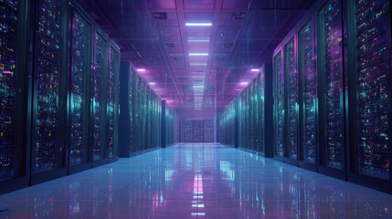 Modern data center corridor with neon lights isolated on transparent background