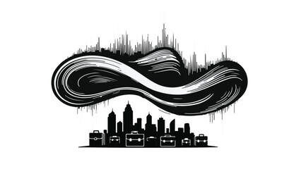 Stylized cityscape with swirling abstract wave design