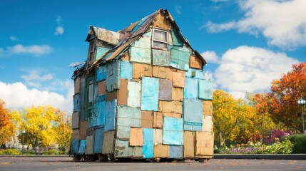 Naklejka premium Creative house made from colorful wooden panels in an outdoor space