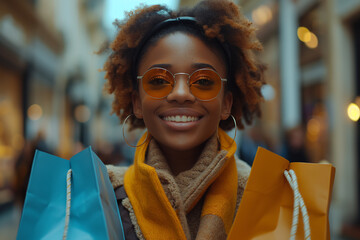 A woman with curly hair is wearing sunglasses and holding two shopping bags