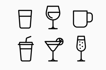 Outlined Beverage Icons. Served Dishes beverages set in outline vector style: water glass, wine glass, tea mug, juice cup, cocktail, sparkling drink