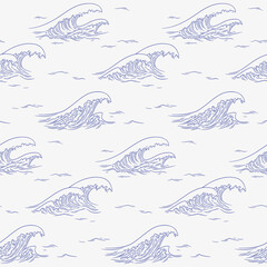 Ocean waves seamless vector pattern. Minimal repeating sea waves monochrome background. Marine line style illustration for textile, wallpaper, and surface design.