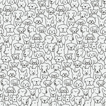Cartoon playful dog crowd pattern. Black and white line art with many cute dog faces of various breeds. Seamless vector background. 
