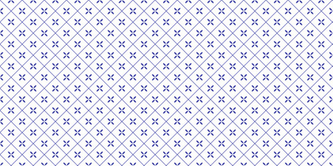 Mediterranean whimsical decorative vector seamless pattern. Minimalistic mosaic design of Portuguese, Italian, Spanish motifs. Blue tiles on white background. Ornament for home textile or ceramic.