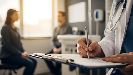 Doctor writing on a clipboard during patient consultation. Healthcare management and medical insurance. Professional physician taking notes with patients in background