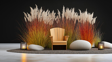 Wooden Lounge Chair with Lanterns and Decorative Grass on Dark Background