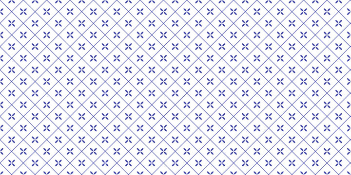 Mediterranean whimsical decorative vector seamless pattern. Minimalistic mosaic design of Portuguese, Italian, Spanish motifs. Blue tiles on white background. Ornament for home textile or ceramic.