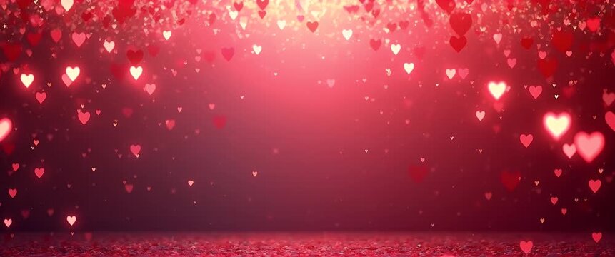 Romantic hearts gently float in a dreamy red atmosphere with a slow cinematic pan, creating an elegant, love-themed backdrop perfect for Valentine's Day or wedding celebrations.