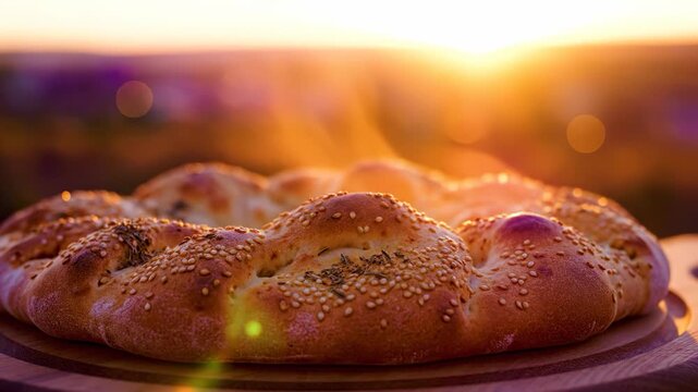 A freshly baked loaf of bread sits prominently on a wooden board, glowing in the warm light of the setting sun. The golden crust and seeds create a rich texture, enhancing the inviting scene.