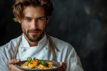 A chef is holding a plate of food