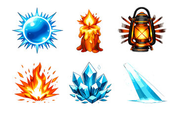 Brutalist Glow Icons. Glow icon set in silhouette bold style. Contain Glow Orb, Candle, Lantern Light, Fire Spark, Crystal, Light Beam