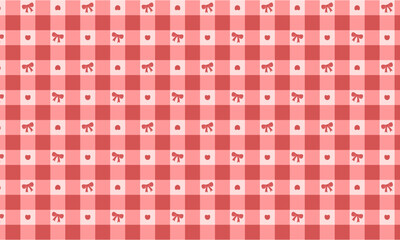 Red and Pink Plaid Coquette Pattern with Tiny Hearts and Bow Accents 