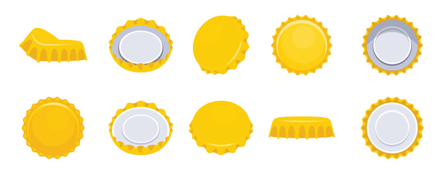  nine yellow bottle caps lying in different positions 