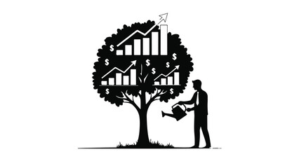 Man nurturing tree with growing cityscape inside foliage