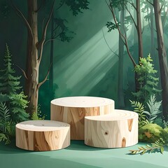 Wood slices arranged as pedestals in a lush, green forest with dappled light filtering through the trees