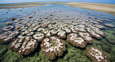 Aerial view of a coral reef with clear water and a sandy shore