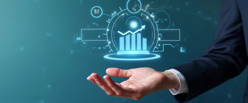 Hand holding holographic planning icon illustrating profit management expenses planning in empty space background concept as Hand presenting holographic planning icon representing profit management ex