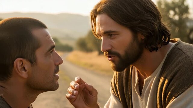 Jesus Christ teaching a man by the roadside. Engaging biblical scene with two men discussing spiritual concepts, footage.