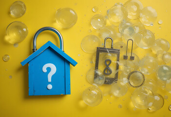 Blue house with question mark and infinity symbol lock surrounded by bubbles on yellow background