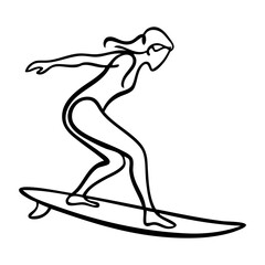 Dibujo de l&iacute;nea &uacute;nica de mujer en tabla de surf