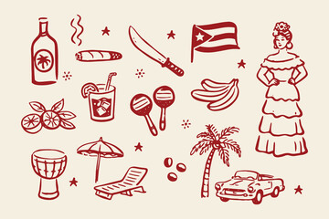 Fototapeta premium Cuban travel doodle icons set hand drawn vector illustration