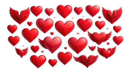 A vibrant composition featuring numerous red hearts, some with wings, creating a dynamic and romantic visual on a black backdrop