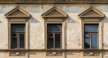 Obraz premium Old building facade with three windows and ornate details in a worn architectural style