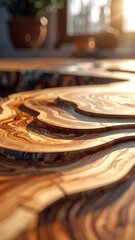 Wood surface with concentric grain patterns, sunlight glinting off the shiny finish, soft window light in the background