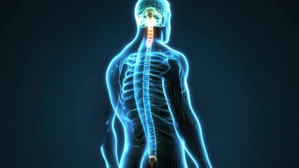 Detailed digital illustration of the human nervous system, showcasing the brain, spinal cord, and nerves in a glowing blue hue against a dark background. ideal for medical educational materials, anato