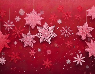 red and pink snowflakes falling on a red background texture