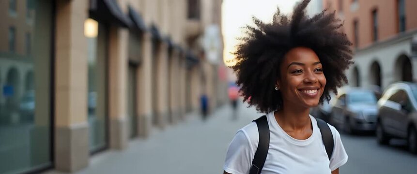 Young woman strolls through vibrant city street, gentle breeze rustling her hair; camera slowly pans to capture urban life in cinematic, natural light, creating a serene, positive atmosphere.