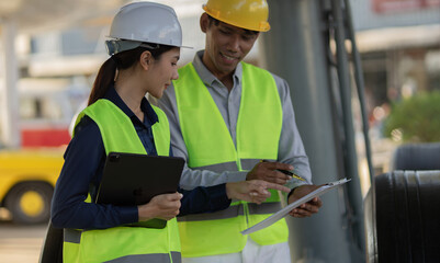 Professional engineers wearing safety helmets are reviewing blueprints on a tablet and discussing...