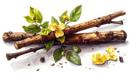 Wood twigs with green leaves and yellow flowers in watercolor style on a white background