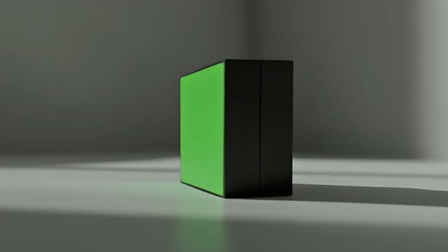 A minimalist shot of a green and black rectangular object on a light surface with a soft shadow.