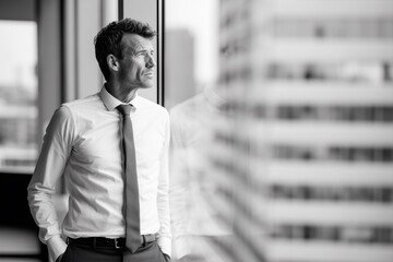 Mature European business man executive standing by office window in black and white portrait. Senior professional male leader reflecting on planning future strategy in early morning city