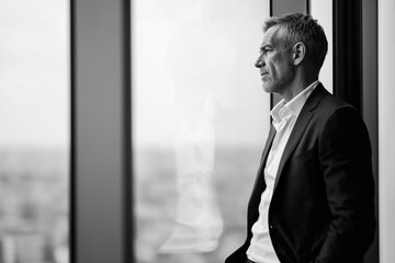 Mature European business man executive standing by office window in side profile portrait. Senior professional male leader looking outside reflecting on planning and future direction