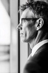 Senior European business man executive wearing glasses standing by office window in side profile. Experienced professional male leader calmly observing city and reflecting on future plans