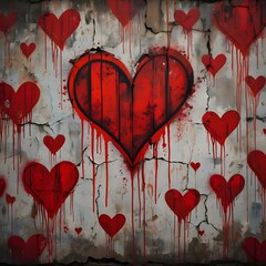 Red graffiti hearts painted on old cracked concrete wall with dripping paint for Valentines day or urban street art background