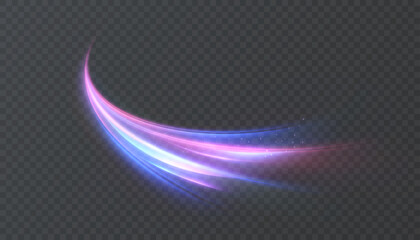 A vibrant light trail with a glowing effect on a transparent background. A dynamic flow with vibrant purple and blue lines for sci-fi themes, motion graphics, or abstract digital interfaces.