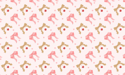 Aesthetic Girly Pattern with Golden Ribbons and Soft Pink Floral Ornaments