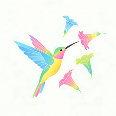 Obraz premium A vibrant vector illustration of a hummingbird flying towards delicate trumpet-shaped flowers on a clean white background.