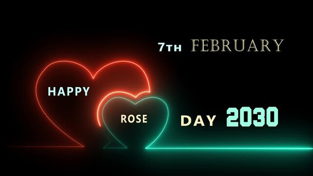 Modern 7th February Happy Rose Day 2030 social media post with red roses and a bright neon heart glowing icon.