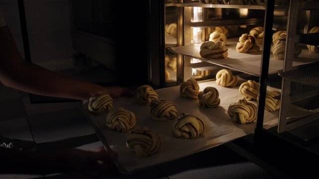A baker places a baking sheet of cinnamon rolls into a proofing chamber to prepare the dough for baking. Traditional cinnamon rolls are made in an artisan bakery. Kitchen technic, bakery production.