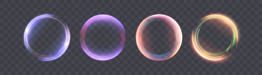 Bright, glowing circles, spheres, and energy rings with backlighting and an internal glow of purple-blue hues. Vector circles and portals for HUD interfaces, game design, and futuristic overlays