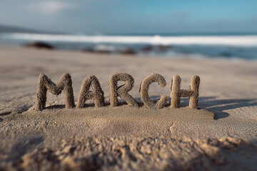 March Word Written in Sand on Beach 