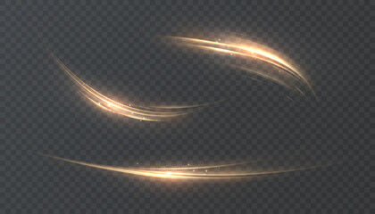 Glowing golden wave creating a dynamic light trail with shimmering dust particles, perfect for abstract backgrounds, magical overlays