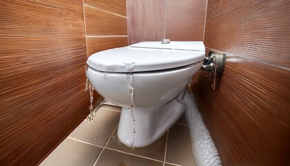 a leaking white toilet with water dripping onto the tiled floor close up of a plumbing problem household water damage and repair concept