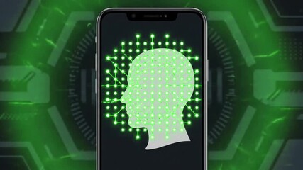 Smartphone displaying a digital human head silhouette with green dots on a futuristic background. - Powered by Adobe